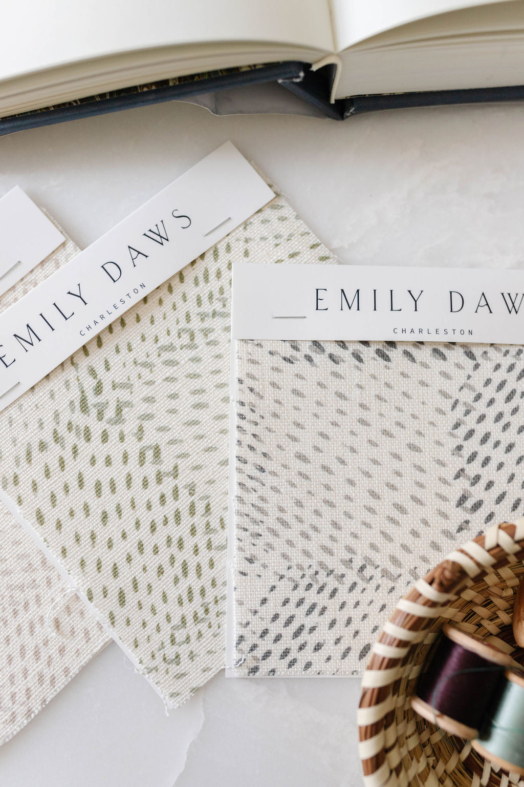 Emily Daws Charleston fabric swatches — Speckled Check in green and grey