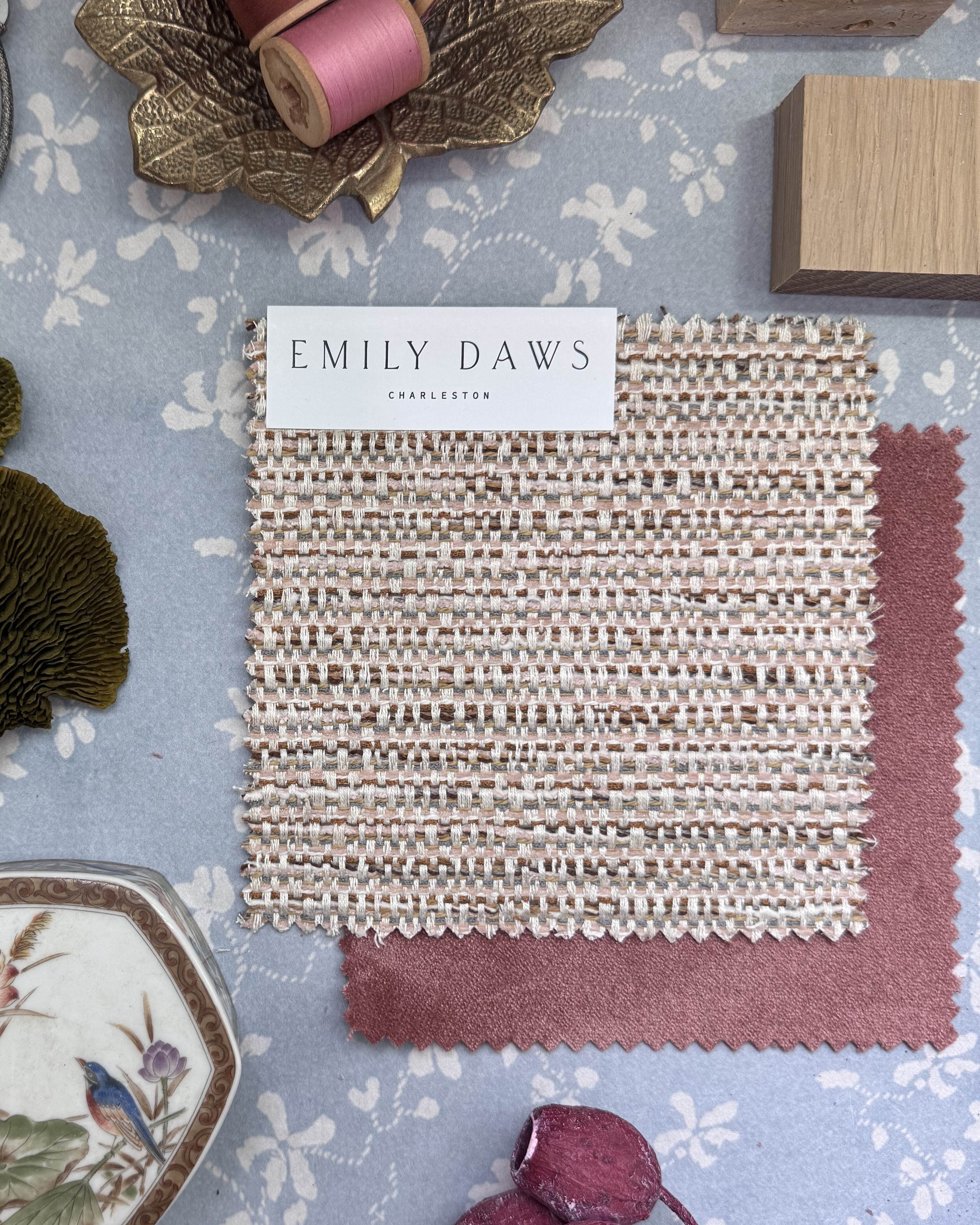 Basketweave Woven companion fabric in Mariner, paired with Sweetgrass in Slate