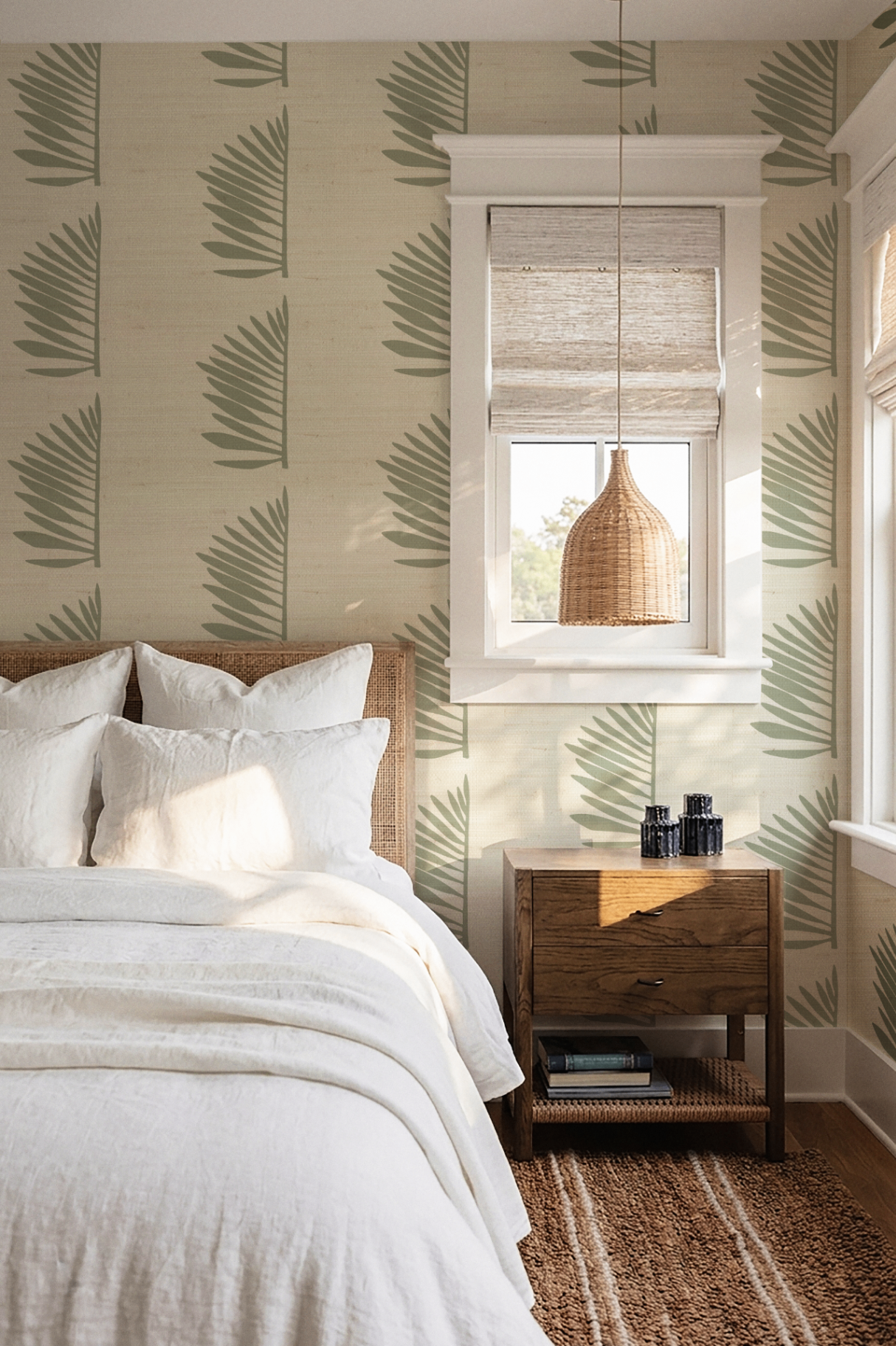 Sage Palmetto grasscloth wallcovering in a serene bedroom