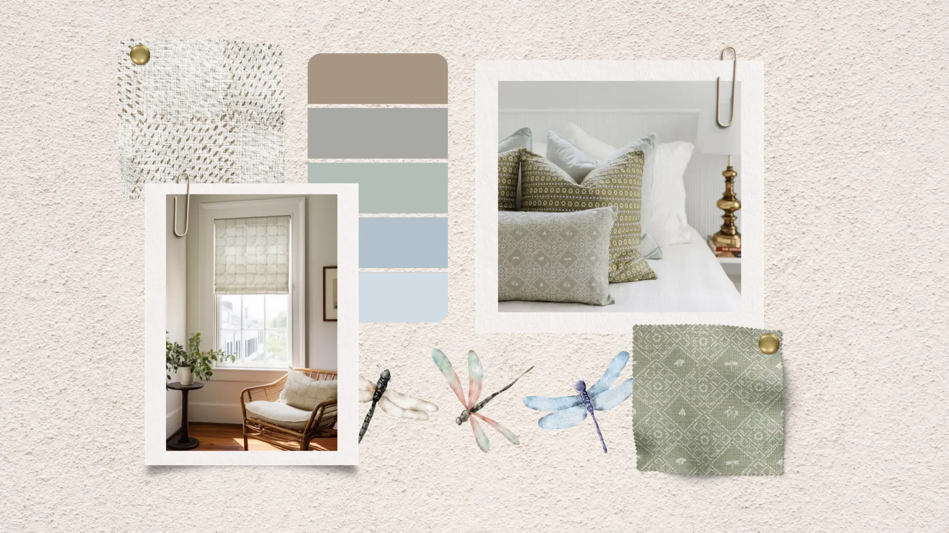 Fauna collection mood board — speckled fabric, sage palette, patterned pillows, roman shade and watercolor dragonflies