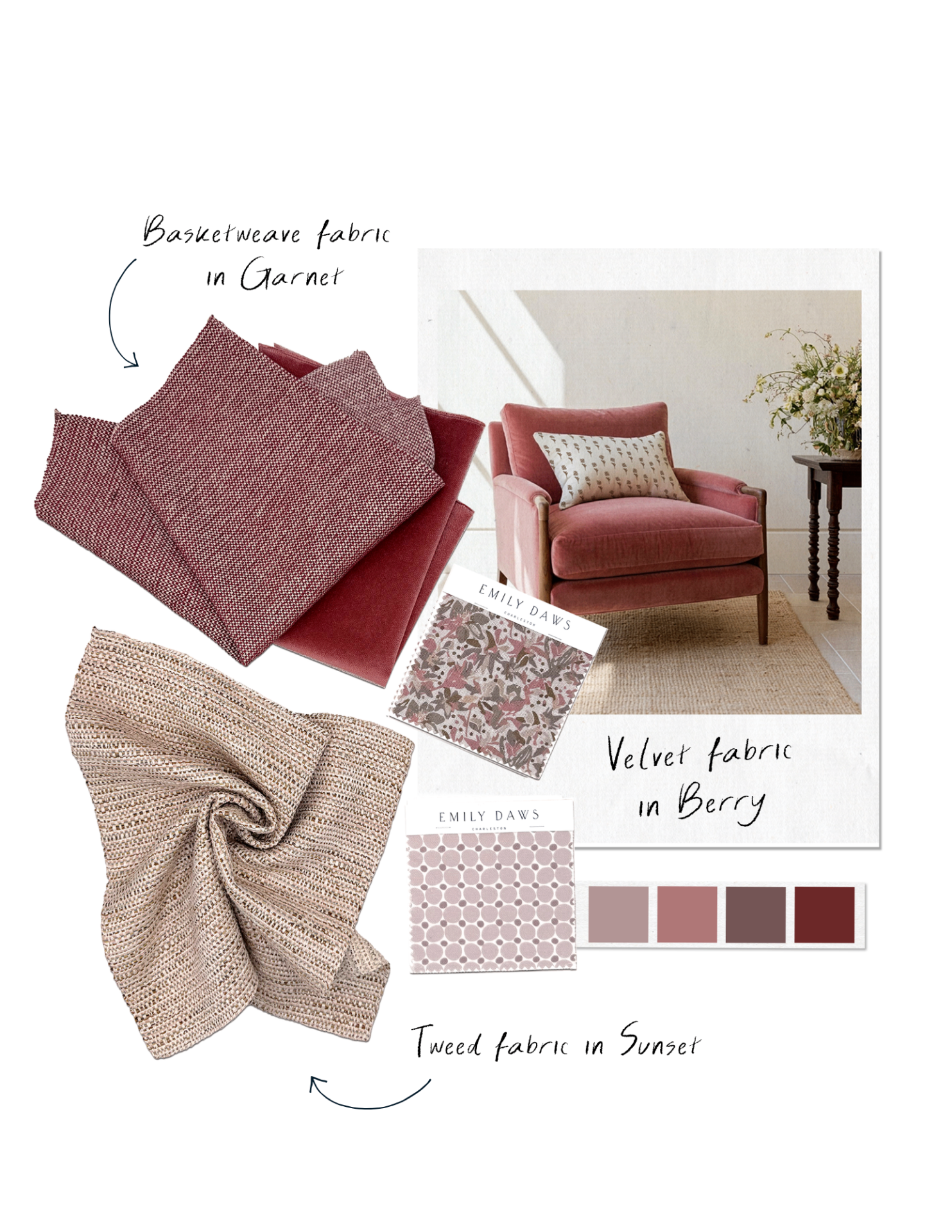 Companion Collection mood board in garnet and berry — basketweave, velvet, and tweed swatches with a rosy velvet armchair
