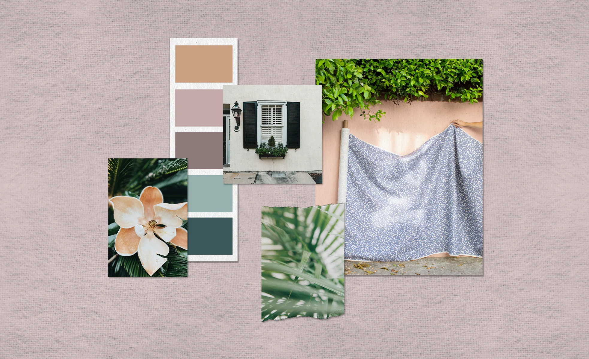 Charleston Collection moodboard with magnolia, palms, and blue floral fabric