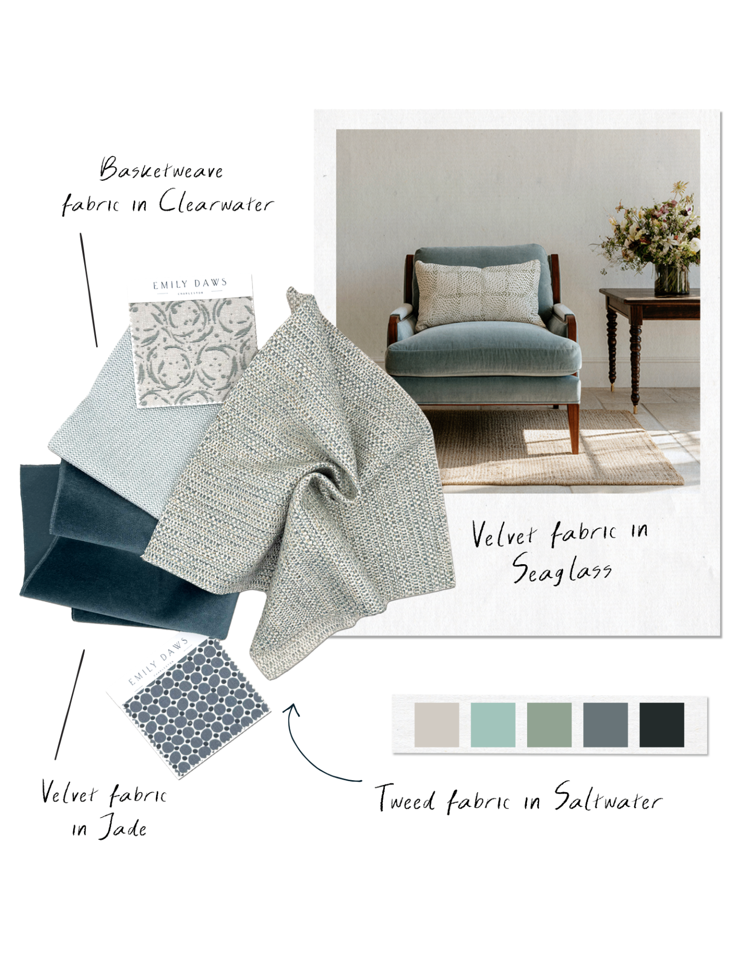 Companion Collection — Basketweave, Velvet, and Tweed fabric swatches with seaglass velvet chair